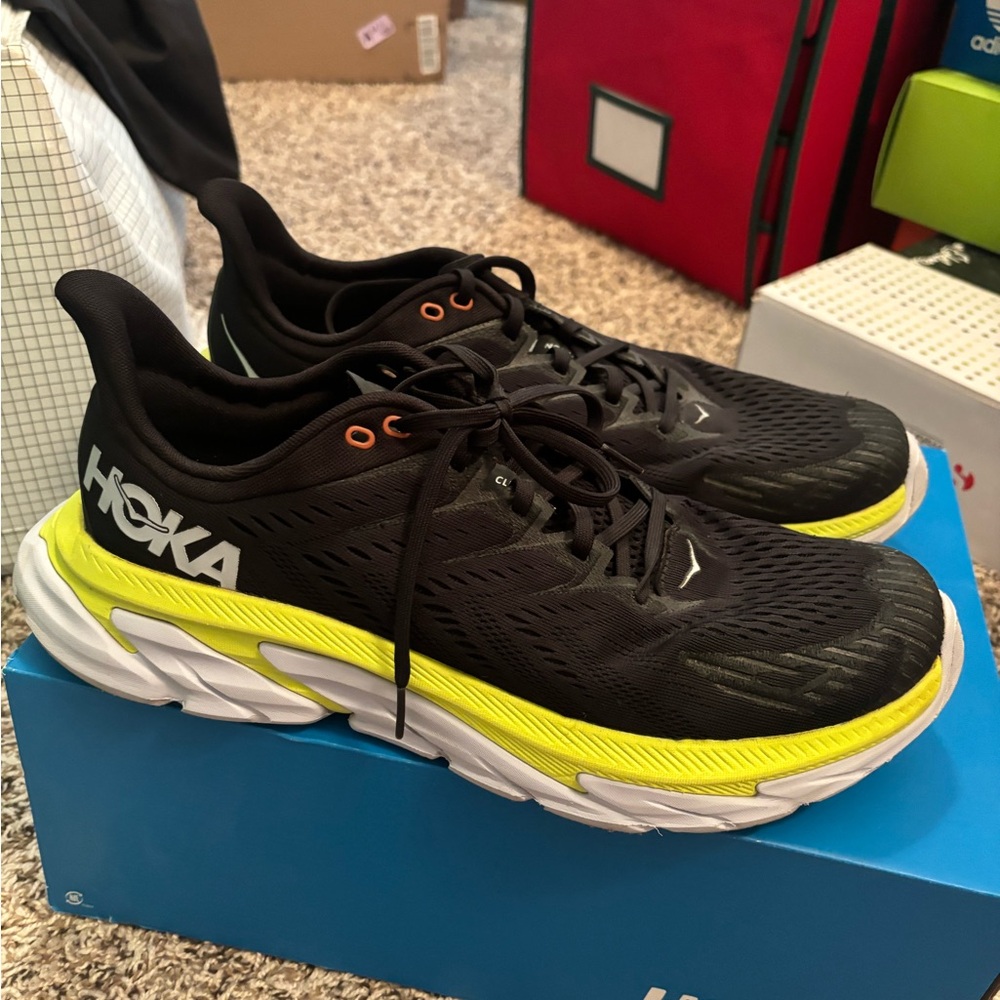 Hoka Clifton Black & Neon Yellow Running Shoe